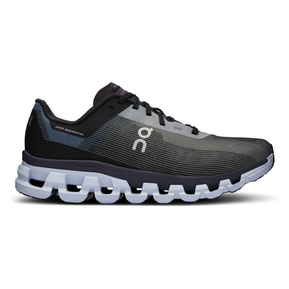 Side view on white background of Womens On Cloudflow running shoe in Fade/Iron, Medium (Regular) width