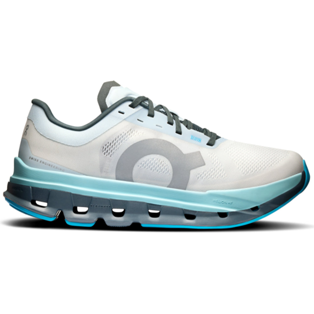 Side view on white background of Womens On Cloudflow running shoe in Arctic/Stone, Medium (Regular) width