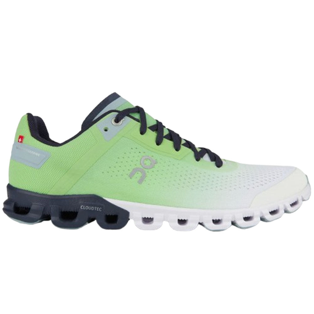 Side view on white background of Womens On Cloudflow running shoe in Meadow/White, Medium (Regular) width
