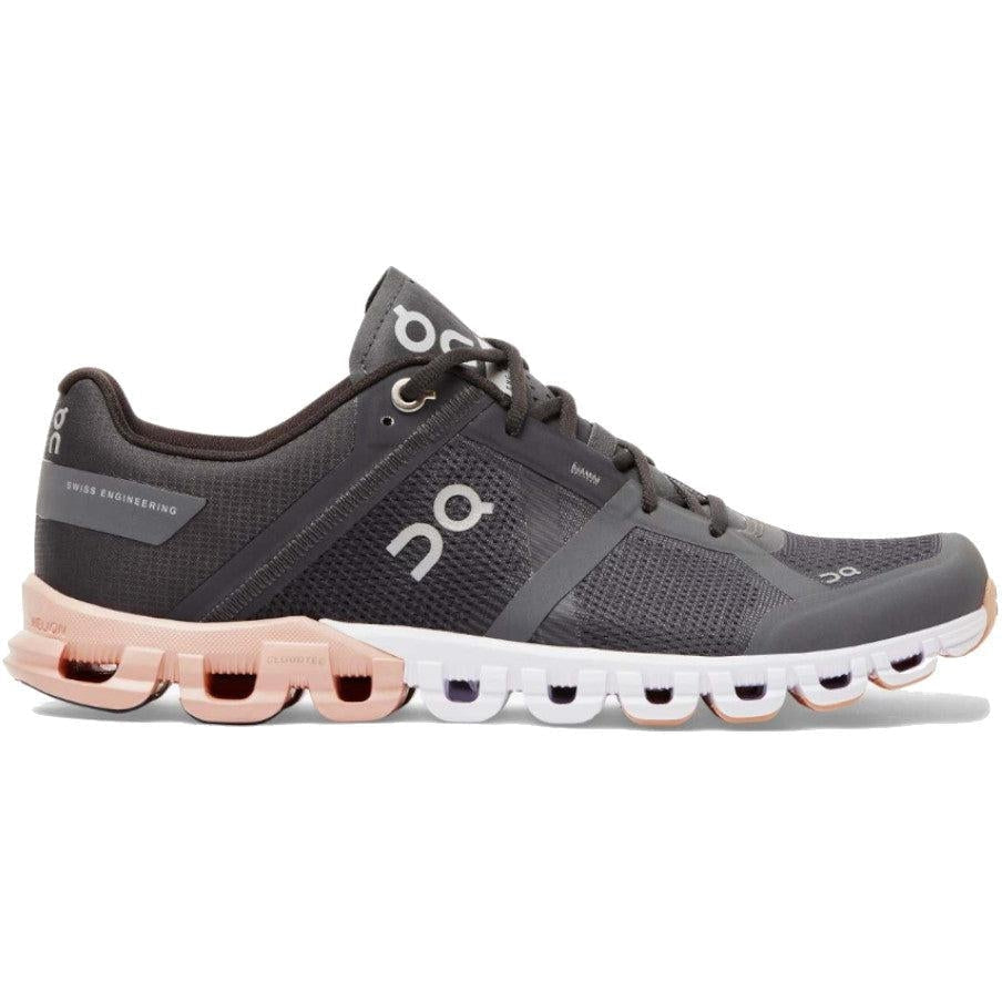Side view on white background of Womens On Cloudflow running shoe in Rock/Rose, Wide width