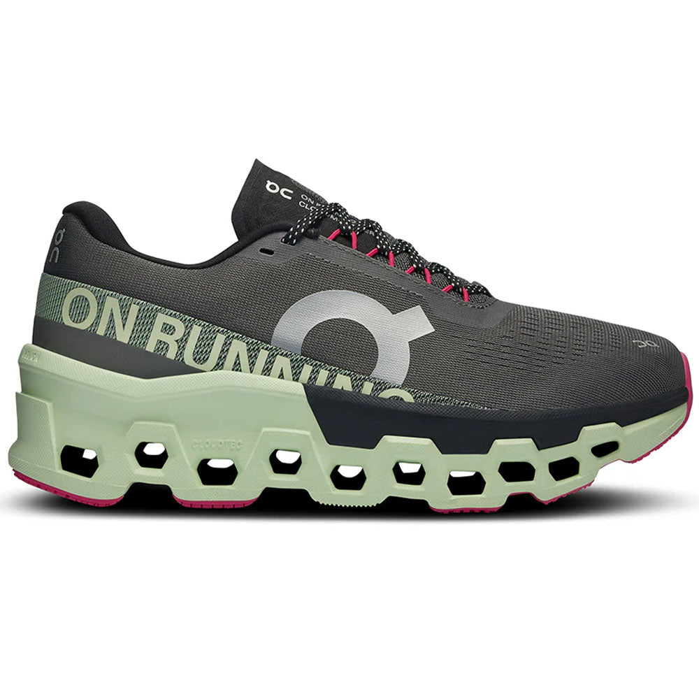 Side view on white background of Womens On Cloudmonster 2 running shoe in Asphalt/Lima, Medium (Regular) width