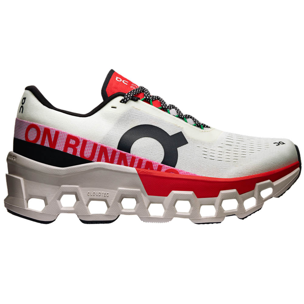 Side view on white background of Womens On Cloudmonster running shoe in Ivory/Red, Medium (Regular) width