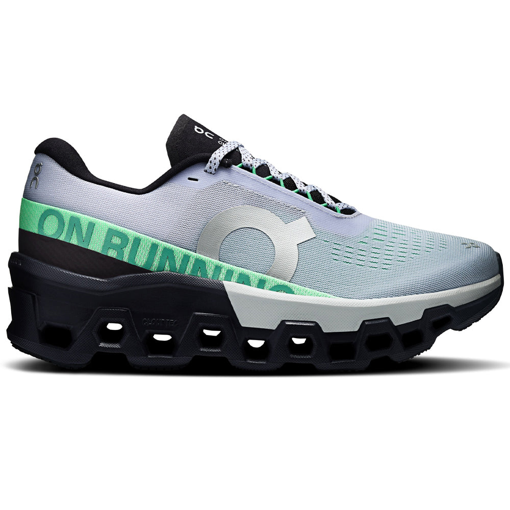 Side view on white background of Womens On Cloudmonster running shoe in Nimbus/Arctic, Medium (Regular) width