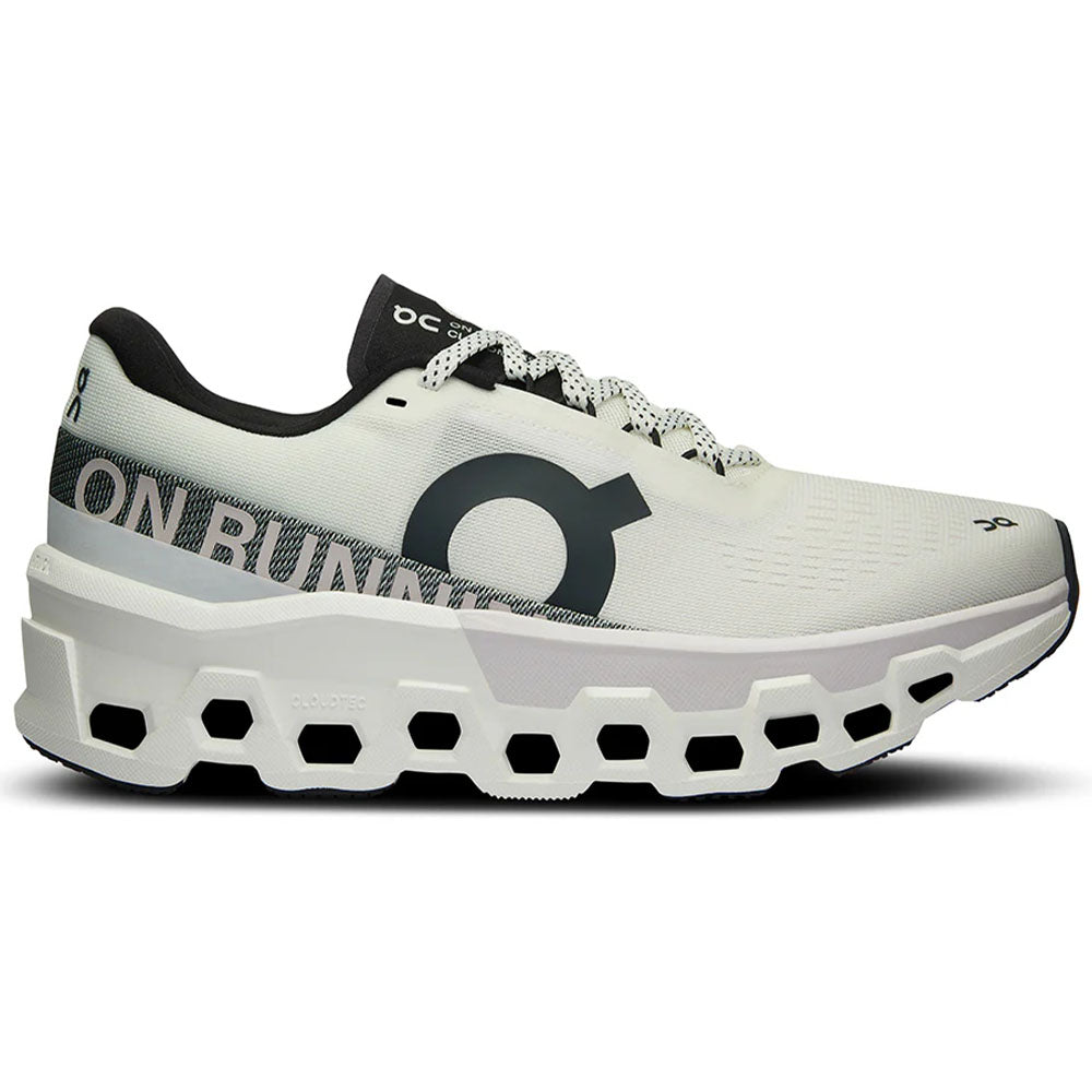 Side view on white background of Womens On Cloudmonster 2 running shoe in White/Frost, Medium (Regular) width