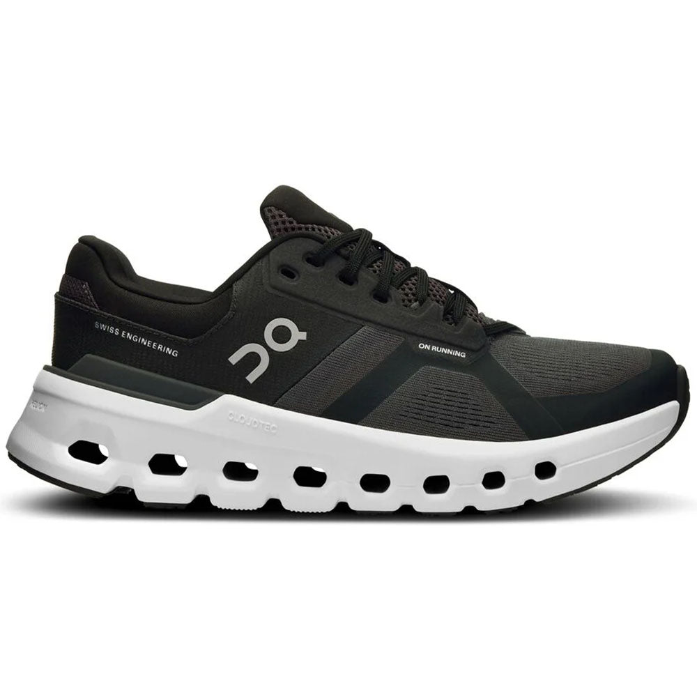 Side view on white background of Womens On Cloudrunner running shoe in Eclipse/Black, Medium (Regular) width