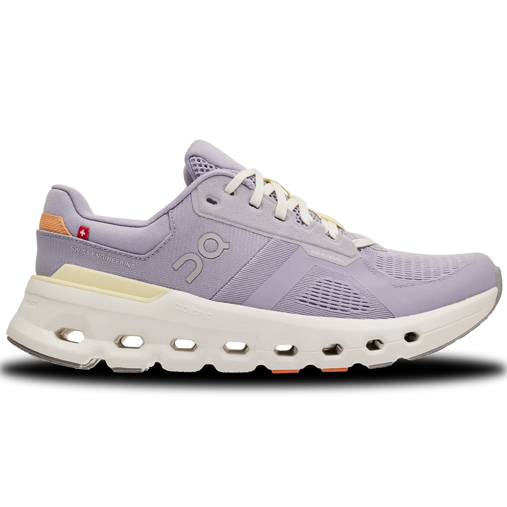 Side view on white background of Womens On Cloudrunner running shoe in Lilac/Ivory, Medium (Regular) width