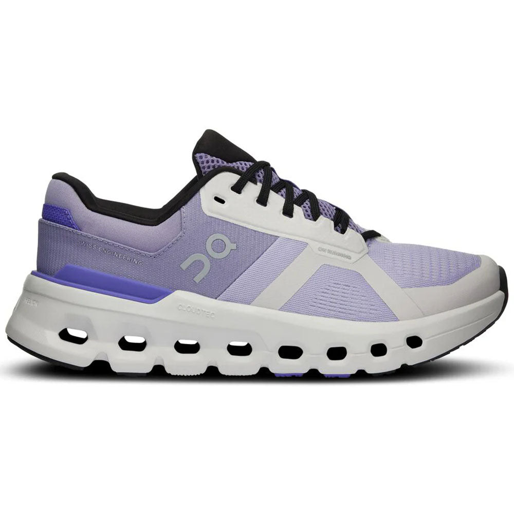 Side view on white background of Womens On Cloudrunner running shoe in Nimbus/Blueberry, Medium (Regular) width