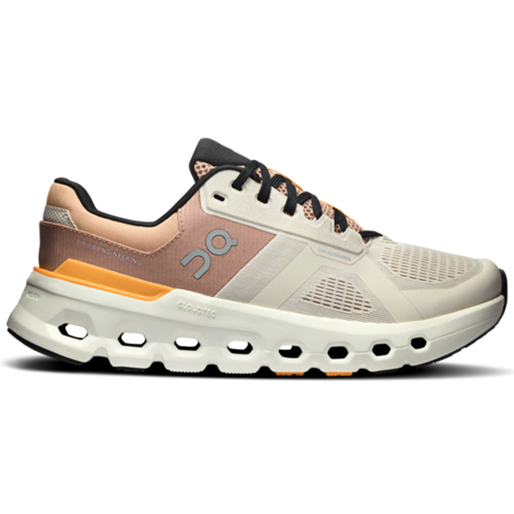 Side view on white background of Womens On Cloudrunner 2 running shoe in Pearl/Tangerine, Wide width