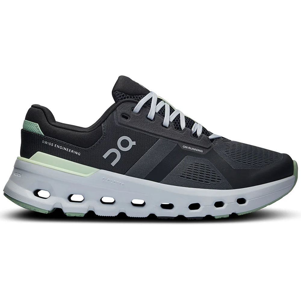 Side view on white background of Womens On Cloudrunner running shoe in Shadow/Lima, Medium (Regular) width
