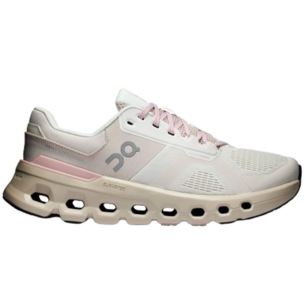 Side view on white background of Womens On Cloudrunner running shoe in Silver/Mauve, Medium (Regular) width