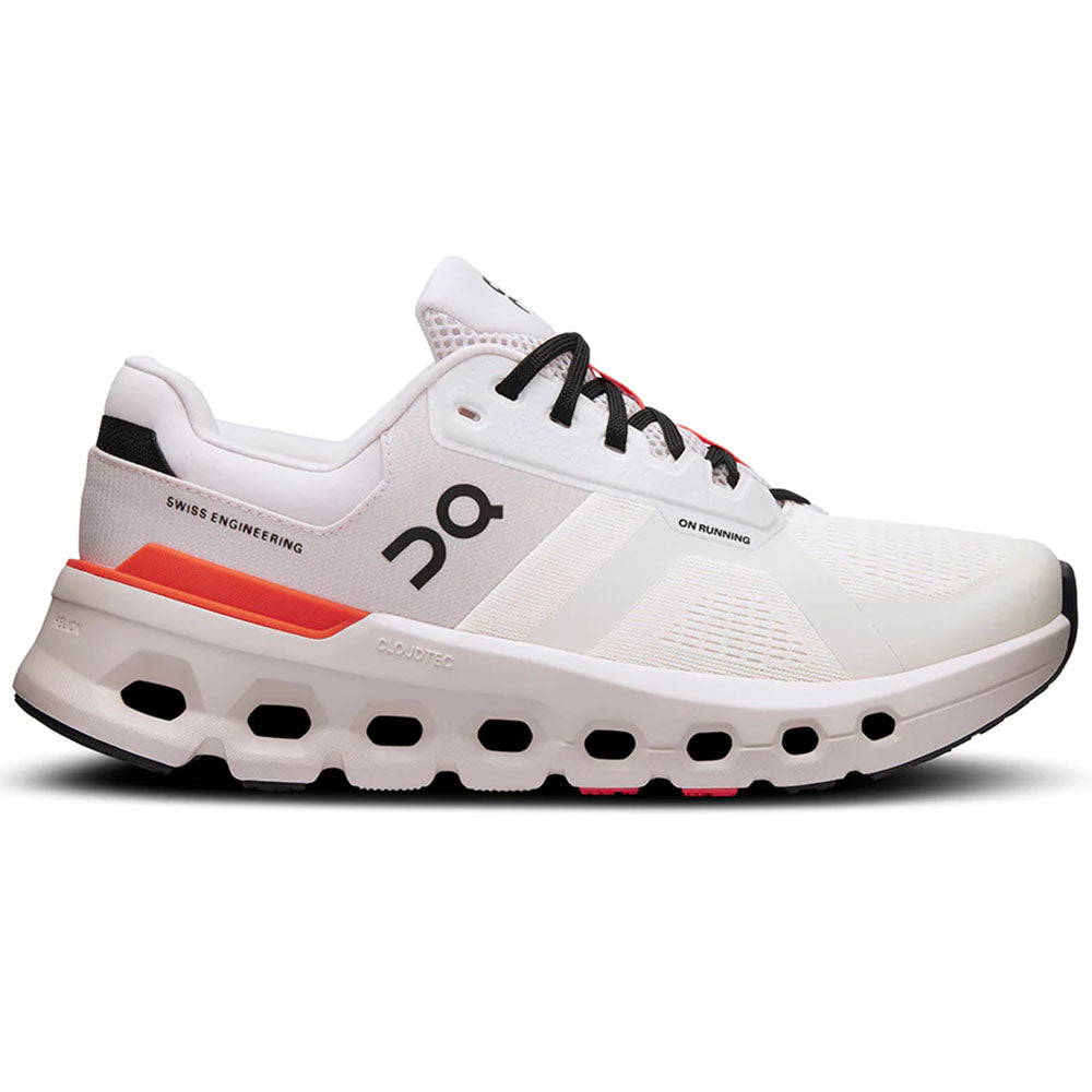Side view on white background of Womens On Cloudrunner running shoe in White/Sand, Medium (Regular) width