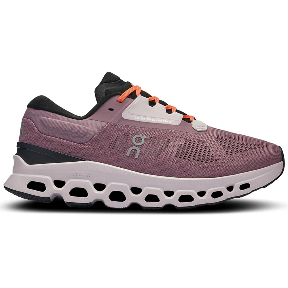 Side view on white background of Womens On Cloudstratus running shoe in Quartz/Lily, Medium (Regular) width