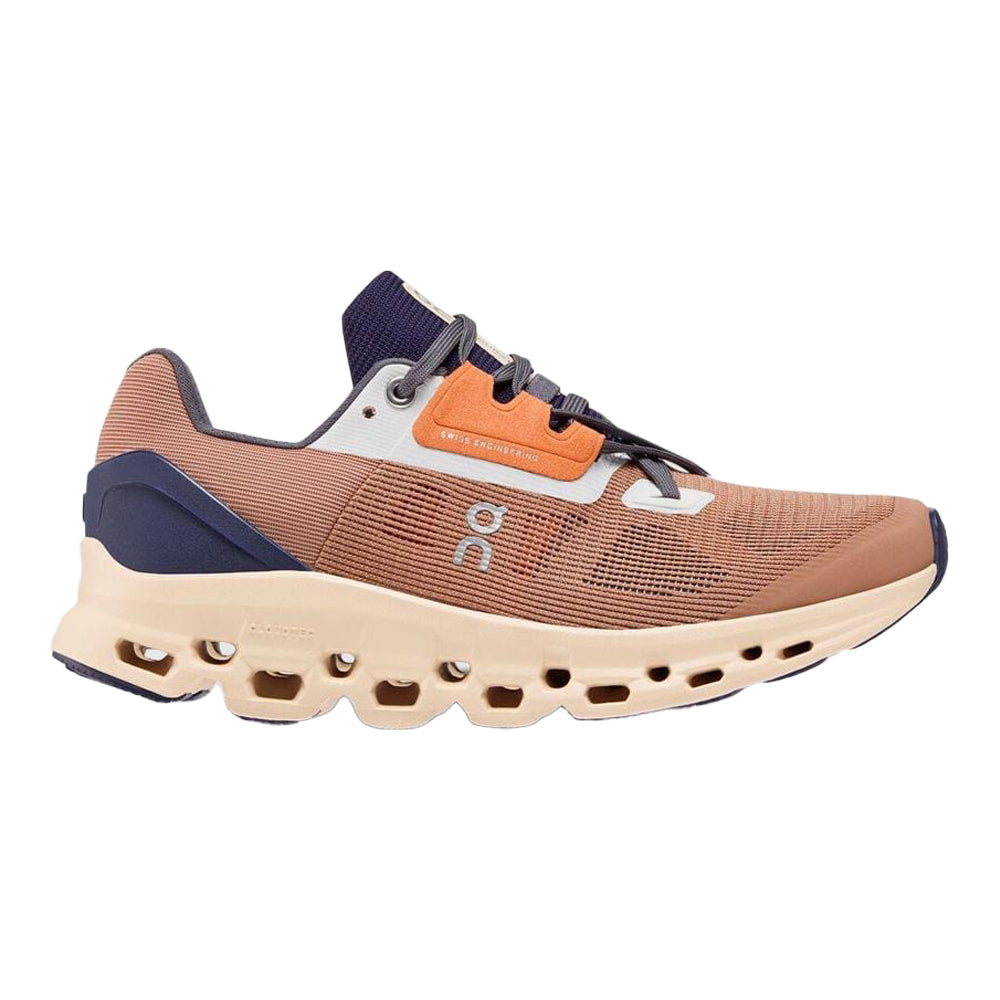 Side view on white background of Womens On Cloudstratus running shoe in Cork/Fawn, Medium (Regular) width