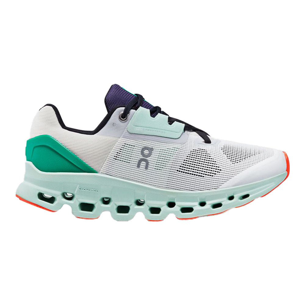 Side view on white background of Womens On Cloudstratus running shoe in Undyed-White/Creek, Medium (Regular) width