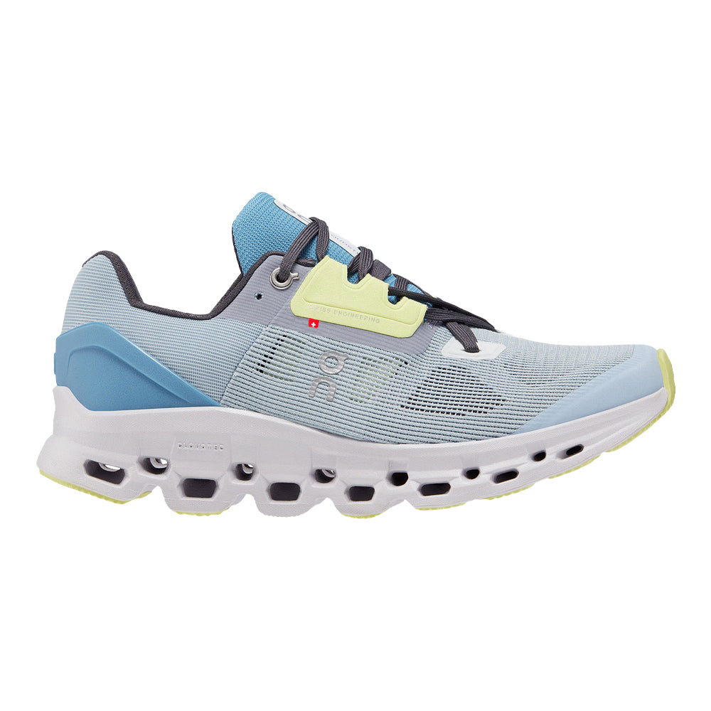 Side view on white background of Womens On Cloudstratus running shoe in Chambray/Lavender, Medium (Regular) width
