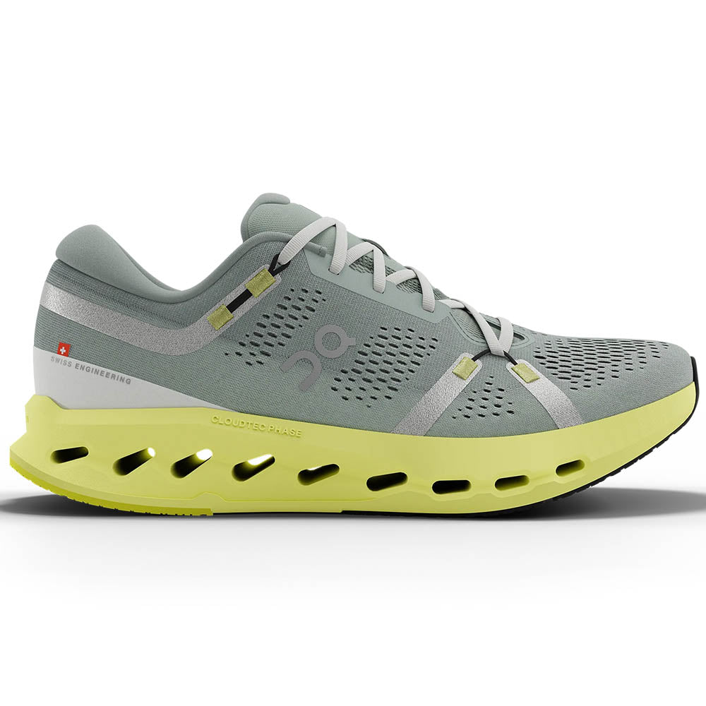 Side view on white background of Womens On Cloudsurfer running shoe in Glacier/Limelight, Medium (Regular) width