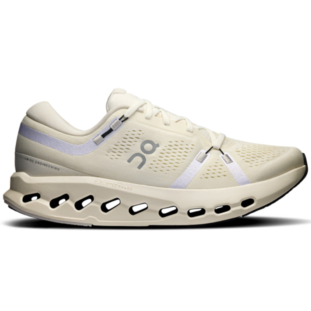Side view on white background of Womens On Cloudsurfer running shoe in Ivory/Ivory, Medium (Regular) width