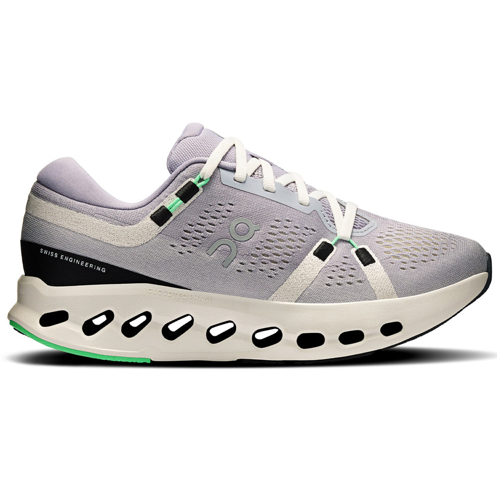 Side view on white background of Womens On Cloudsurfer running shoe in Lilac/Ivory, Medium (Regular) width