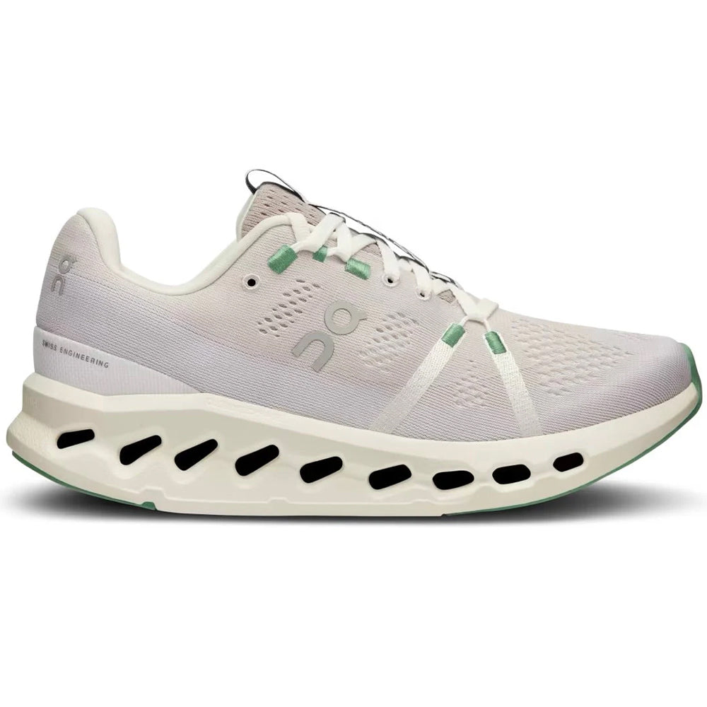 Side view on white background of Womens On Cloudsurfer running shoe in Pearl/Ivory, Medium (Regular) width