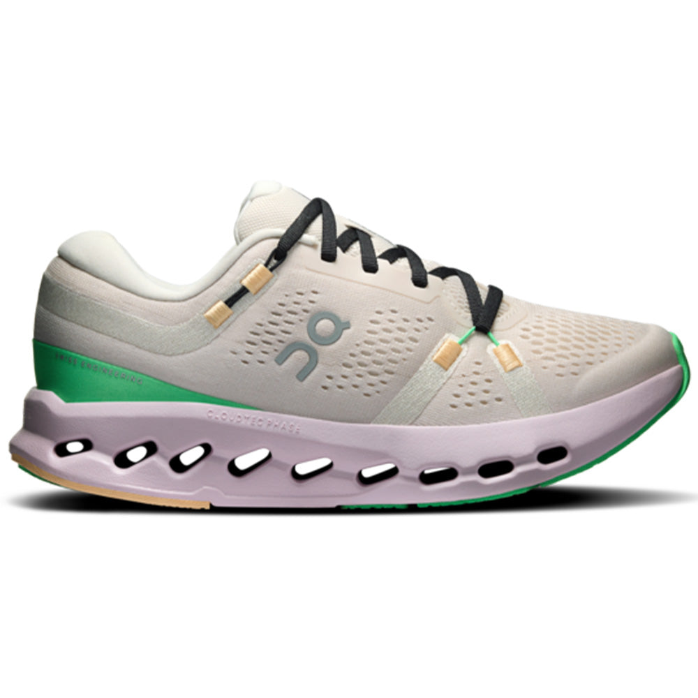 Side view on white background of Womens On Cloudsurfer running shoe in Pearl/Orchid, Medium (Regular) width