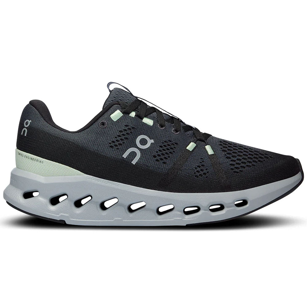 Side view on white background of Womens On Cloudsurfer running shoe in Iron/Glacier, Medium (Regular) width