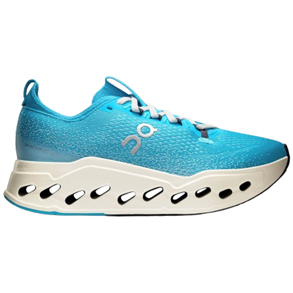Side view on white background of Womens On Cloudsurfer running shoe in Horizon/Ivory, Medium (Regular) width