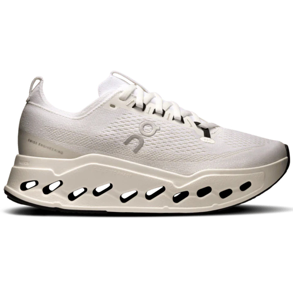 Side view on white background of Womens On Cloudsurfer running shoe in White/White, Medium (Regular) width
