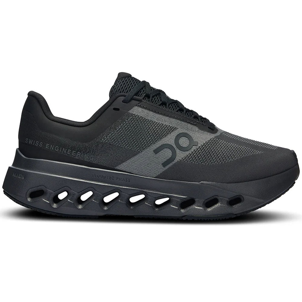 Side view on white background of Womens On Cloudsurfer Next running shoe in Black/Eclipse, Wide width