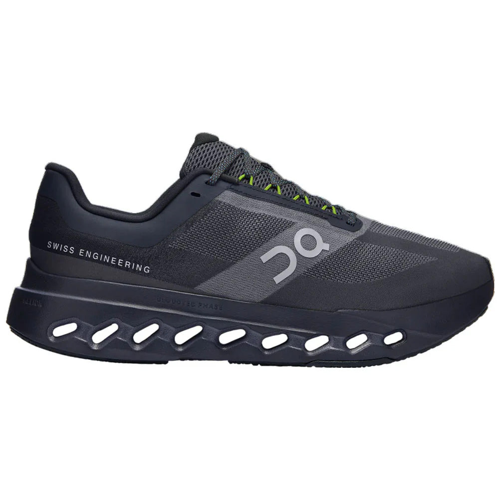 Side view on white background of Womens On Cloudsurfer Next running shoe in Black/Iron, Medium (Regular) width