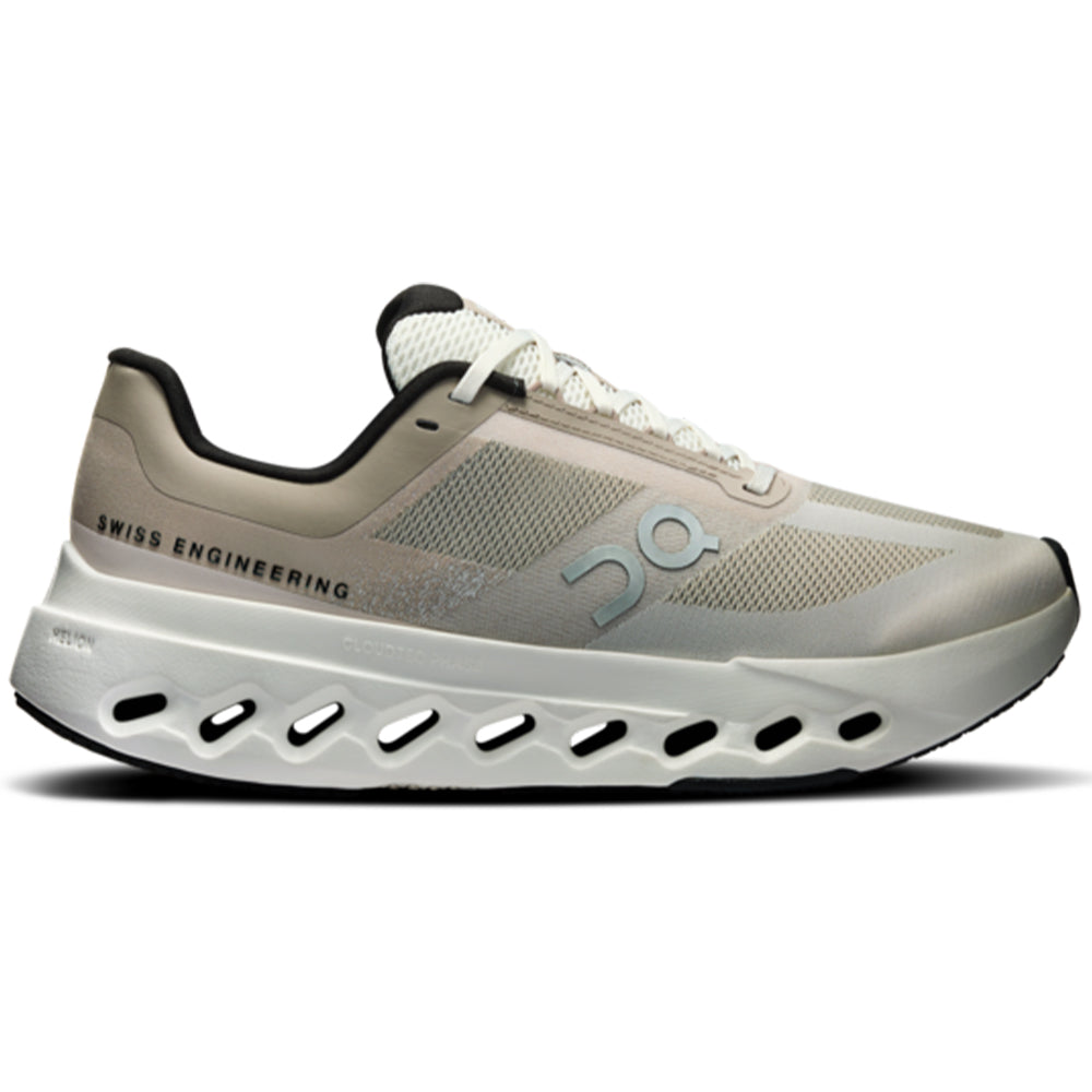 Side view on white background of Womens On Cloudsurfer running shoe in Fog/Ivory, Medium (Regular) width