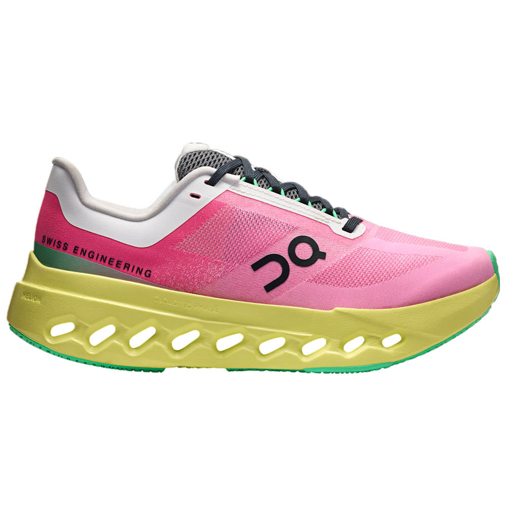 Side view on white background of Womens On Cloudsurfer Next running shoe in Pink/Limelight, Medium (Regular) width