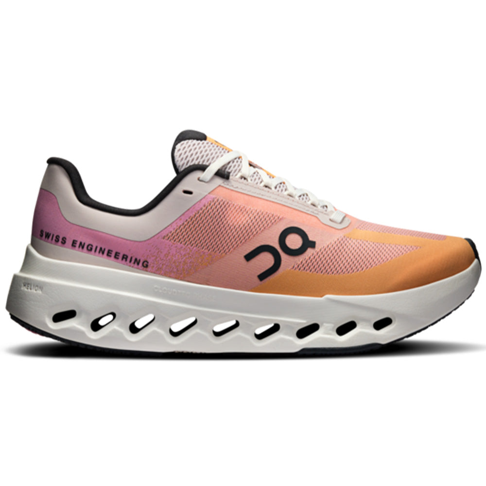 Side view on white background of Womens On Cloudsurfer running shoe in Tangerine/Ivory, Medium (Regular) width