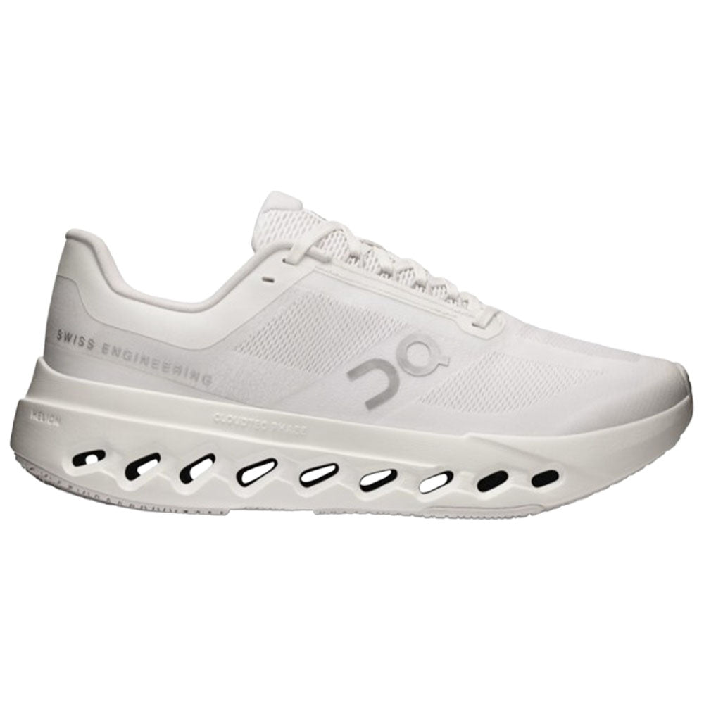 Side view on white background of Womens On Cloudsurfer running shoe in White/White, Medium (Regular) width