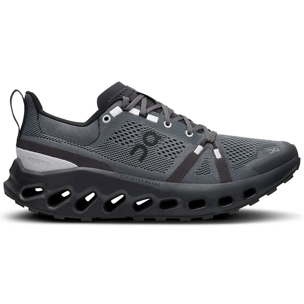 Side view on white background of Womens On Cloudsurfer running shoe in Eclipse/Black, Medium (Regular) width