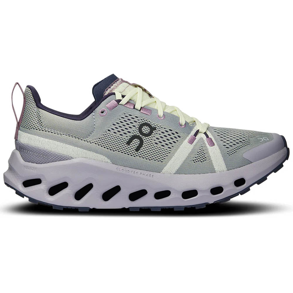 Side view on white background of Womens On Cloudsurfer running shoe in Seedling/Lilac, Medium (Regular) width