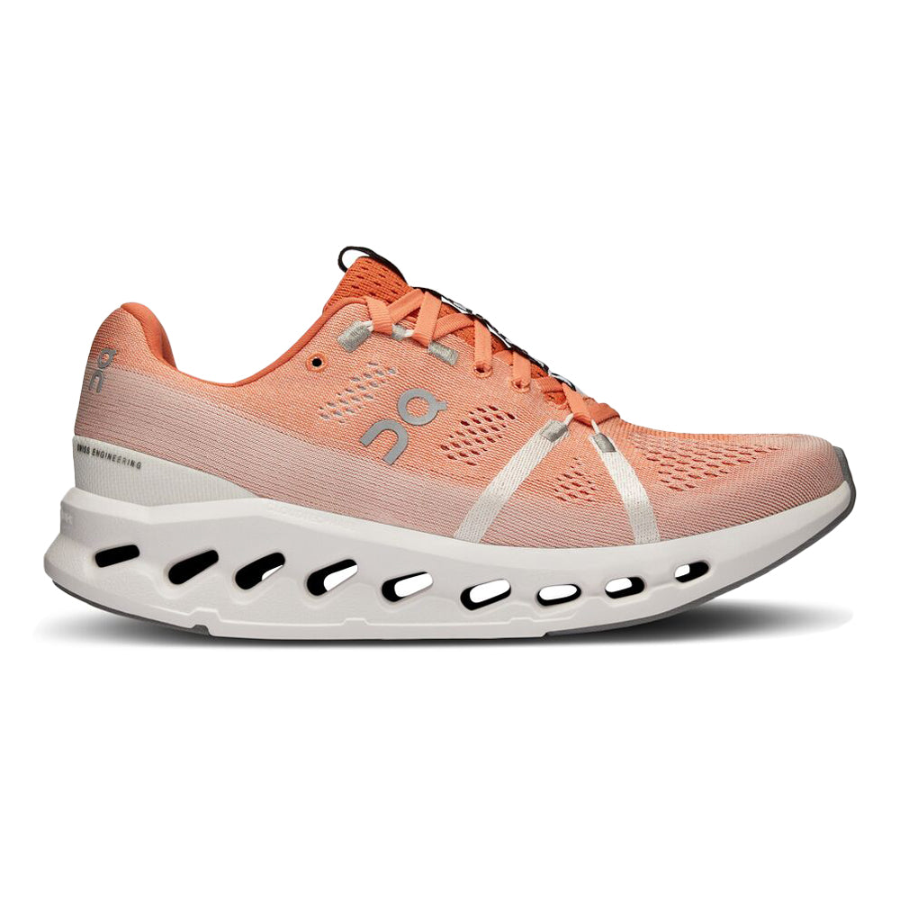 Side view on white background of Womens On Cloudsurfer running shoe in Flame/White, Medium (Regular) width