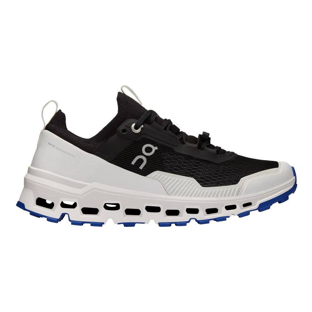 Side view on white background of Womens On Cloudultra running shoe in Black/White, Medium (Regular) width