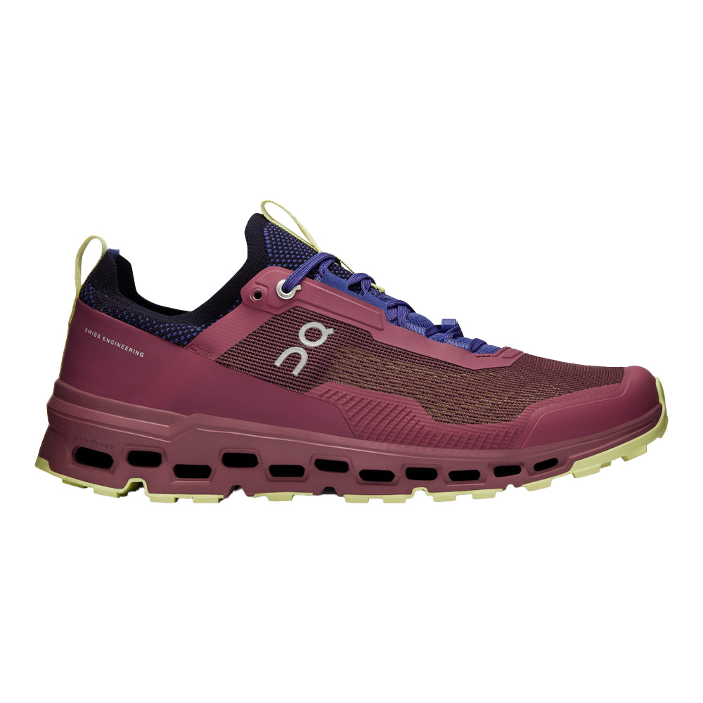 Side view on white background of Womens On Cloudultra running shoe in Cherry/Hay, Medium (Regular) width