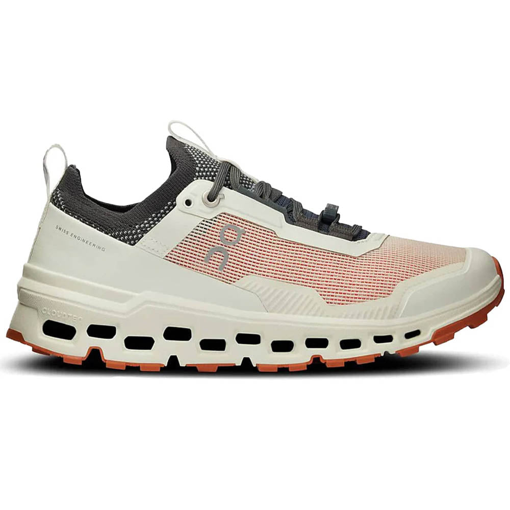 Side view on white background of Womens On Cloudultra running shoe in Aloe/Terracotta, Medium (Regular) width