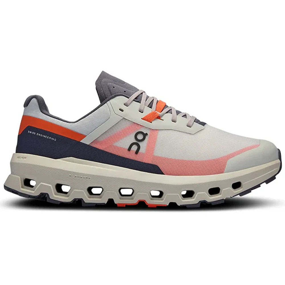 Side view on white background of Womens On Cloudvista running shoe in Ice/Flame, Medium (Regular) width