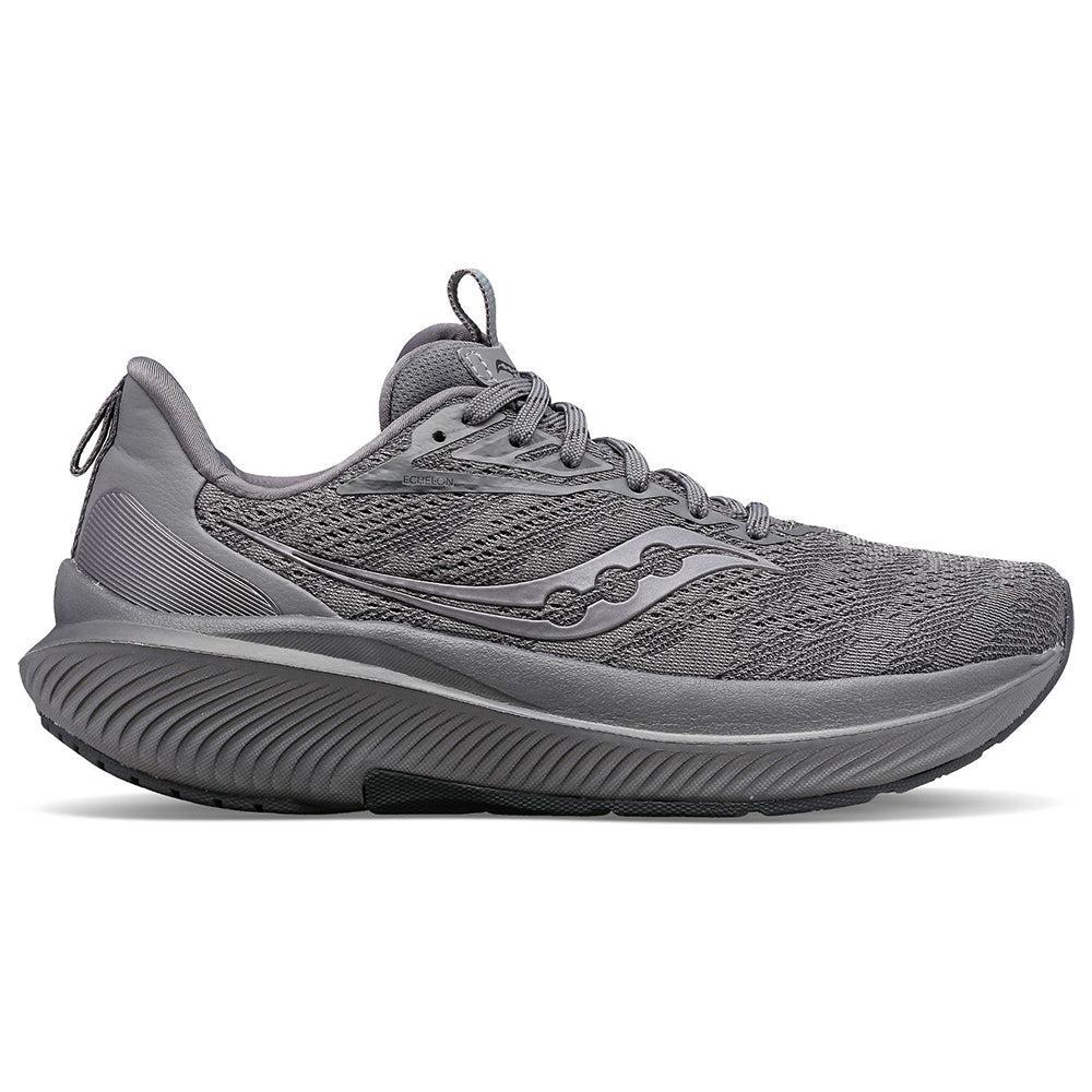 Side view on white background of Womens Saucony Echelon 9 running shoe in Asphalt, Wide width