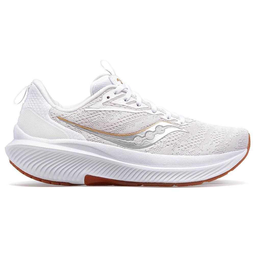 Side view on white background of Womens Saucony Echelon running shoe in White/Gum, Medium (Regular) width