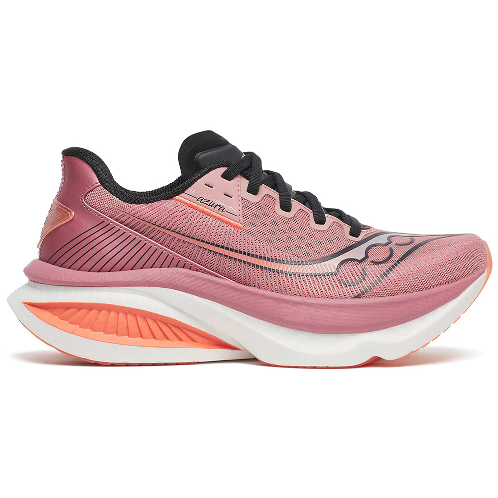 Side view on white background of Womens Saucony Endorphin Azura running shoe in Mauve, Medium (Regular) width