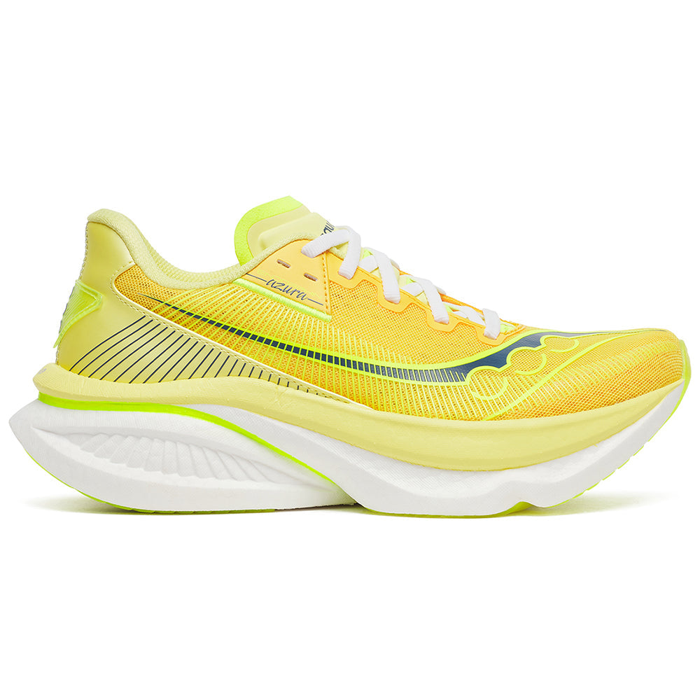 Side view on white background of Womens Saucony Endorphin Azura running shoe in Sunrise, Medium (Regular) width