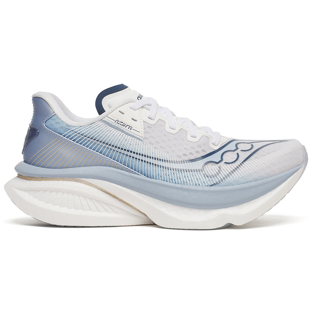 Side view on white background of Womens Saucony Endorphin Azura running shoe in White/Celestial, Medium (Regular) width