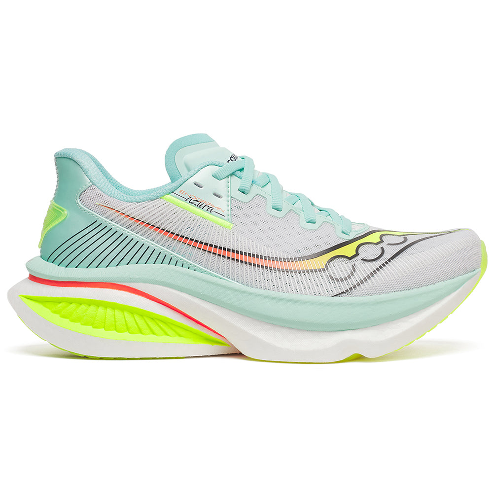 Side view on white background of Womens Saucony Endorphin Azura running shoe in White/Splash, Medium (Regular) width