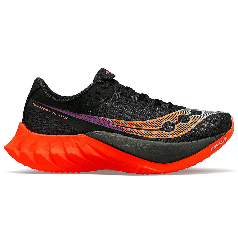 Side view on white background of Womens Saucony Endorphin Pro running shoe in Black/Vizired, Medium (Regular) width