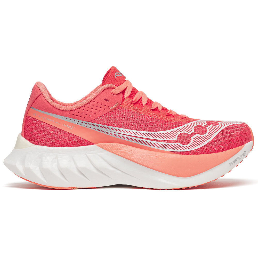 Side view on white background of Womens Saucony Endorphin Pro running shoe in Coral, Medium (Regular) width