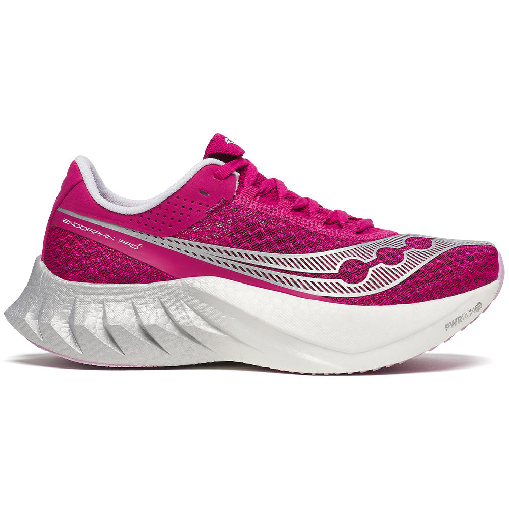 Side view on white background of Womens Saucony Endorphin Pro running shoe in Magenta, Medium (Regular) width