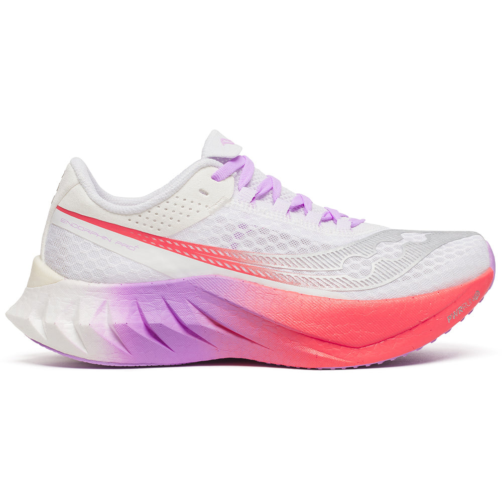 Side view on white background of Womens Saucony Endorphin Pro running shoe in White/Crocus, Medium (Regular) width
